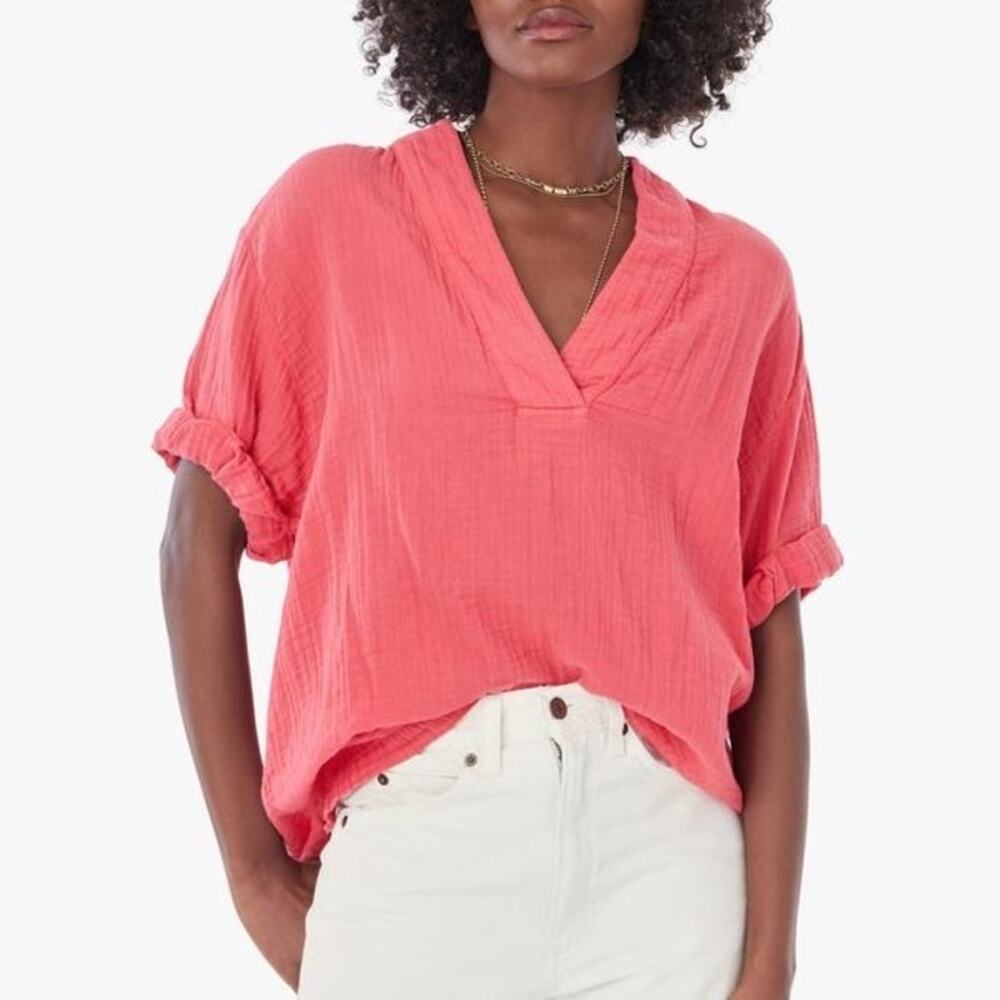 Xirena Coral Red V-neck Avery Gauze Short Sleeve Blouse Minimalist Women's Small